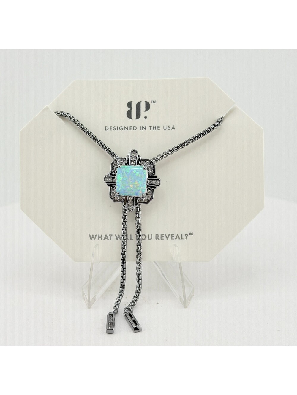 Bomb Party October BOLO Necklace "Lines Of Inner Power" White Opal on Hematite